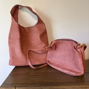 Women's Coral Pink Vegan Leather Tote and Crossbody Bag Set
